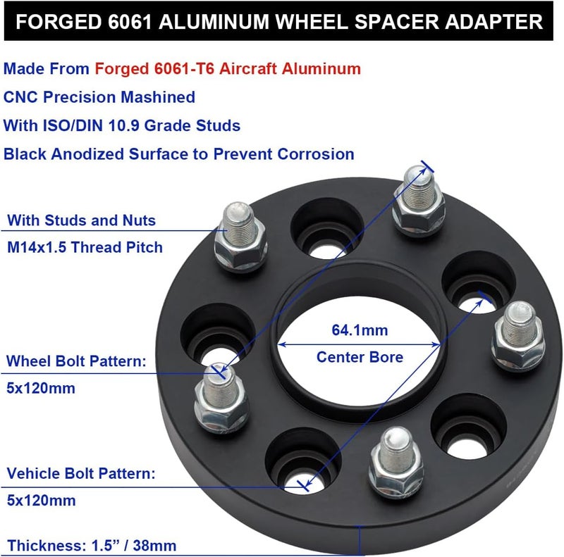 VLAOSCHI Black Forged 5x120 Hubcentric Wheel Spacers 1.5 Inch 14x1.5 Studs 64.1mm Hub Bore Compatible with Honda-Acura-Tesla for Odyssey Pilot Ridgeline MDX | 2012+ Model S | 2016+ Mode X - Pack of 2 - Image 5